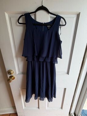 SLNY Navy Tiered Chiffon Midi Dress